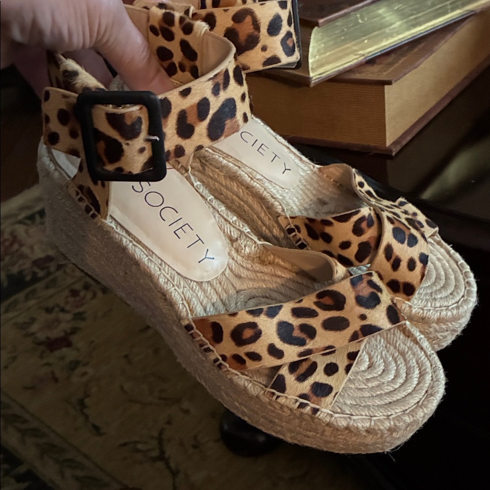 Society Tan Real Cow Hair Fur Leopard Espadrille Wedges. Size 8